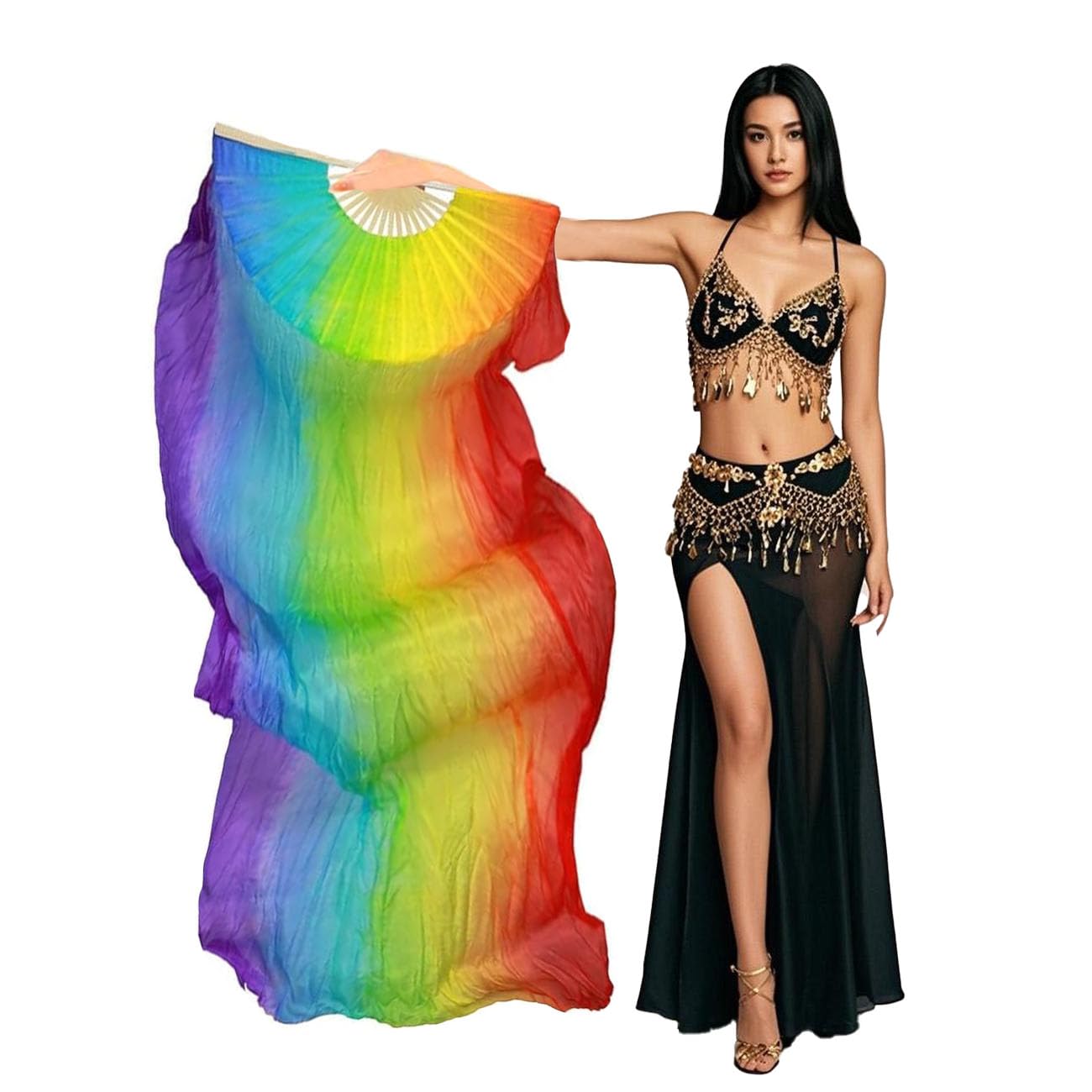 Aumulen Women 1 Piece Hand-made Real Silk Long Belly Dance Fan Veils(Right Hand Only)