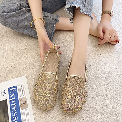 Hbeylia Women's Slip-On Ballet Flats Glitter Sequin Breathable Mesh Slip On Flats Loafers Round Toe Dress Shoes Walking Shoes for Women Ladies Girls (Gold, 8)3