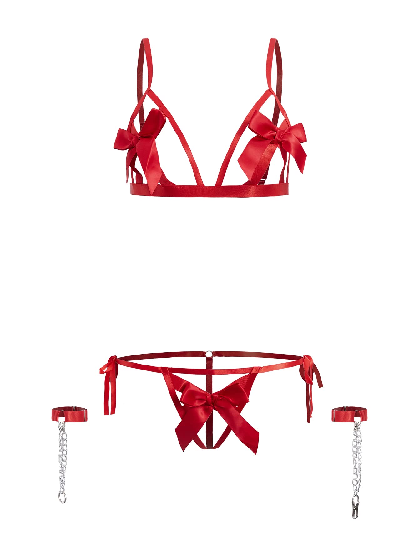 Photo 1 of SOLY HUX Women's 3 Piece Set Sexy Bow Front Cut-out Lingerie Set With 1 pair Hand Ring Large Solid Red --- SIZE L