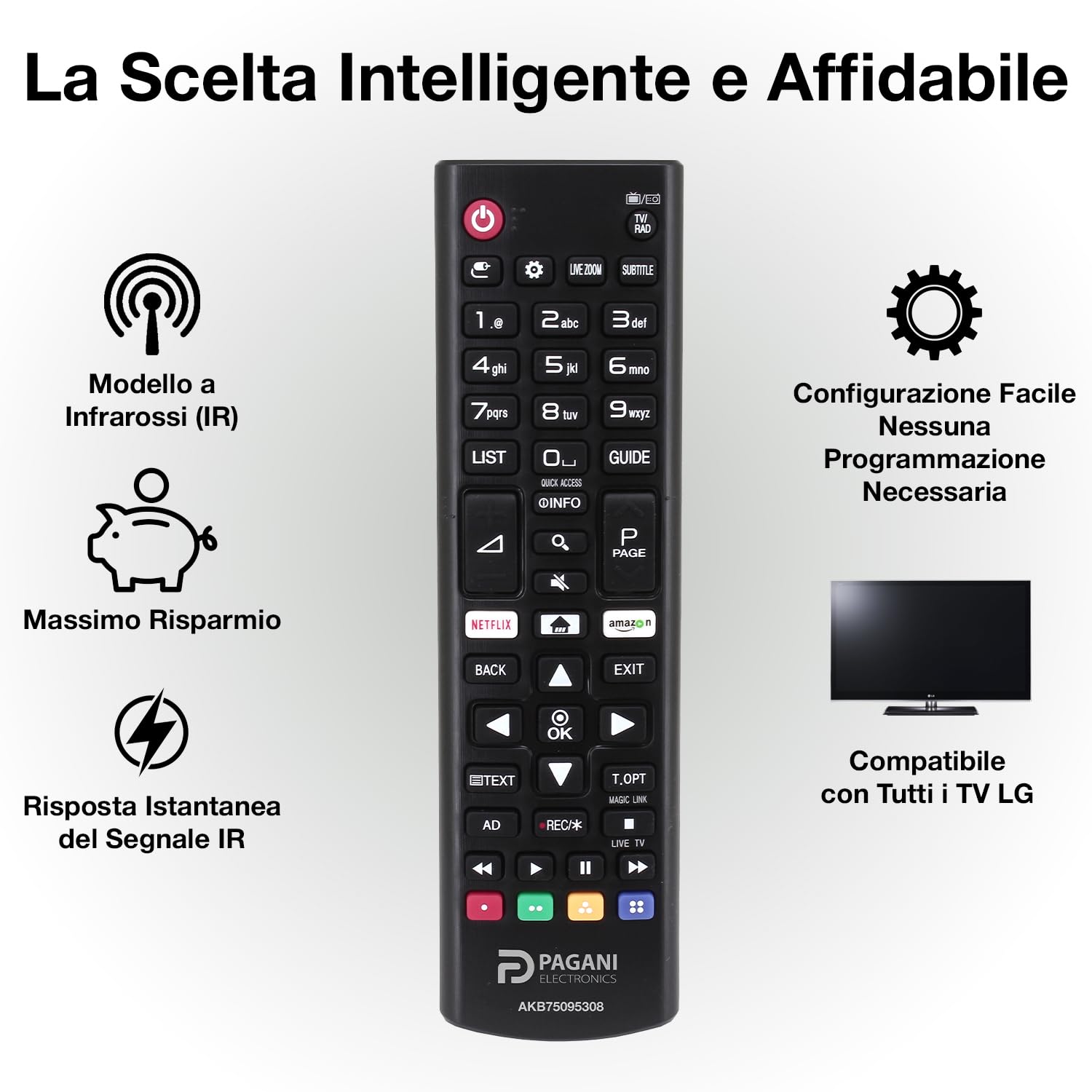 Telecomando Universale LG AKB75095308 Compatibile con TV LG Smart TV, LED, LCD, OLED, UHD, 4K, HD, WebOS, Nessuna Configurazione, Batterie Incluse, Azienda Italiana, Testato in Italia