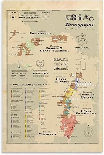 Lista de vinos de borgoña, mapa de viñedos de borgoña, mapa de borgoña, lienzo de viñedos burdeos, arte de pared Living R, pósteres de arte en