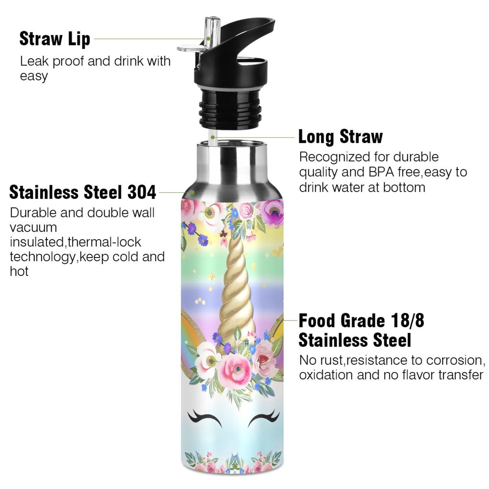 Linda botella de agua de unicornio para niños, termo aislado para niños y niñas, botella de agua fría caliente con tapa de popote para deportes, gimnasio, correr, 20 onzas