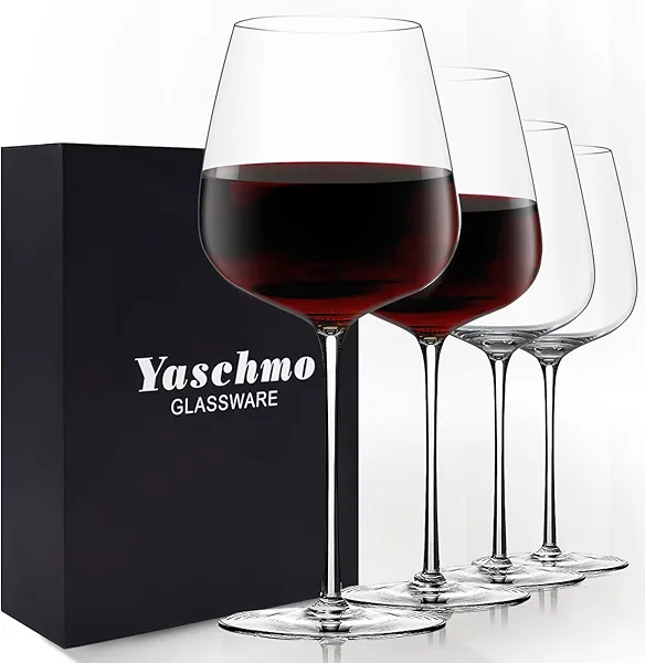 Yaschmo Red Wine Glasses Set of 4, 24oz Large Wine Glasses, Hand Blown Crystal, Ultra-Thin Rim, Long Stem, Lightweight, Ideal Gift for Wine Tasting, Mother's Day, Wedding, Anniversary, Birthday