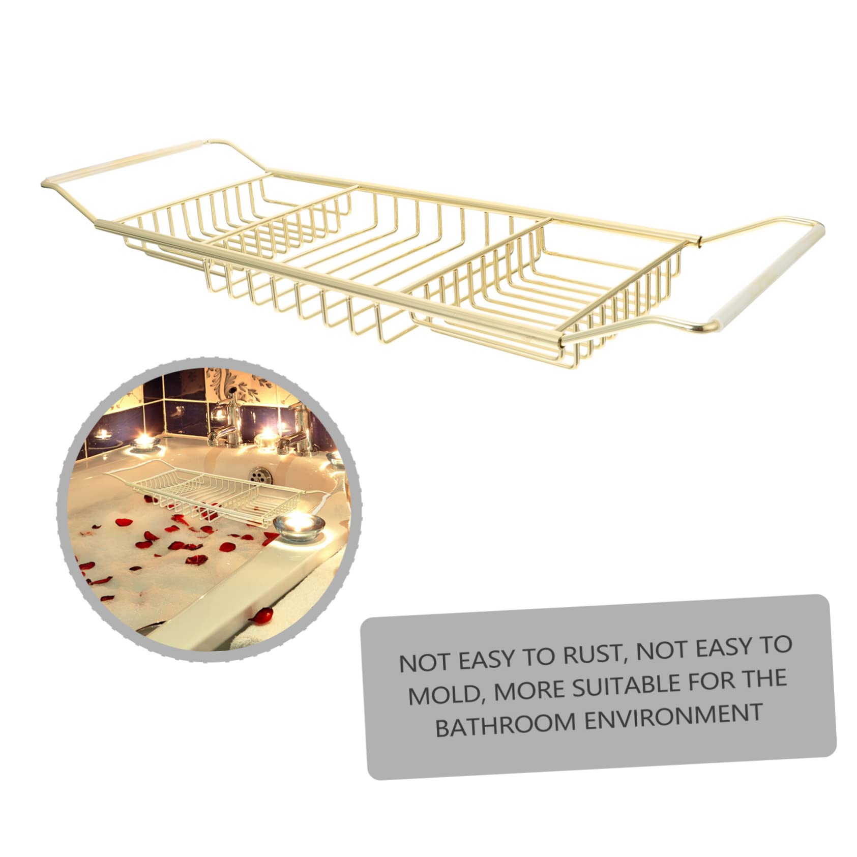 Bandeja Organizadora De Bambú Para Bañera Con Laterales Extensibles Y Estante De Acero Inoxidable Para Bañera Con Soporte Para Barra De Sonido Y Jabonera - Dorado - 63 X 20 X 4 Cm, Dorado - 63 X 20 X