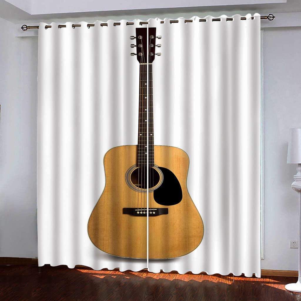 Rideaux occultants blancs motif guitare 140x290 cm | Paire de draperies de chambre pour fenêtre