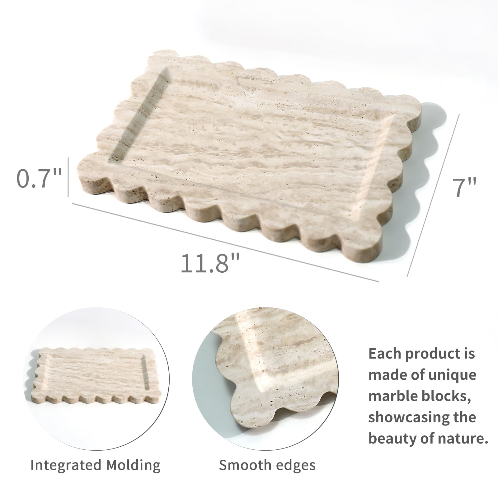 Natural 100% Marble Vanity Tray - Luxury Scalloped Beige Travertine Storage Tray for Home Decor (Rectangle-11.8 * 7.4)