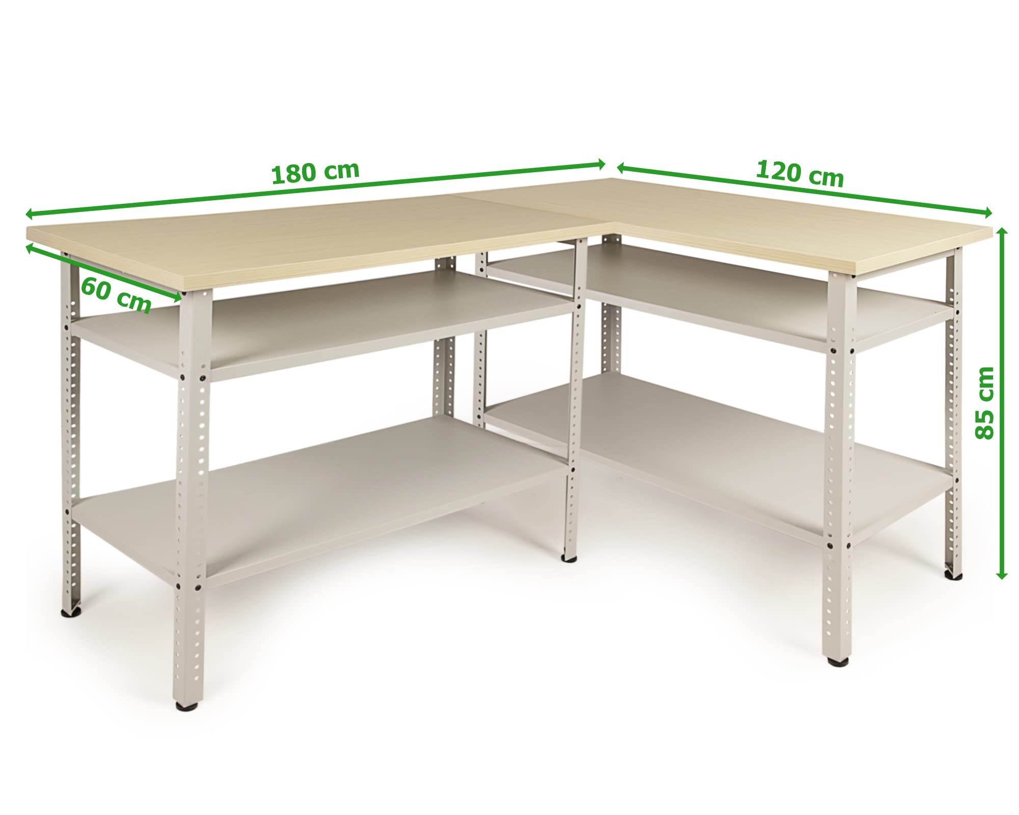 Ondis24 Ecklösung Werkbank Nobbi Pro Packtisch aus Metall, mit Arbeitsplatte, höhenverstellbare Einlegeböden, Justierfüße, Werktisch für Sparfüchse lichtgrau (95cm)