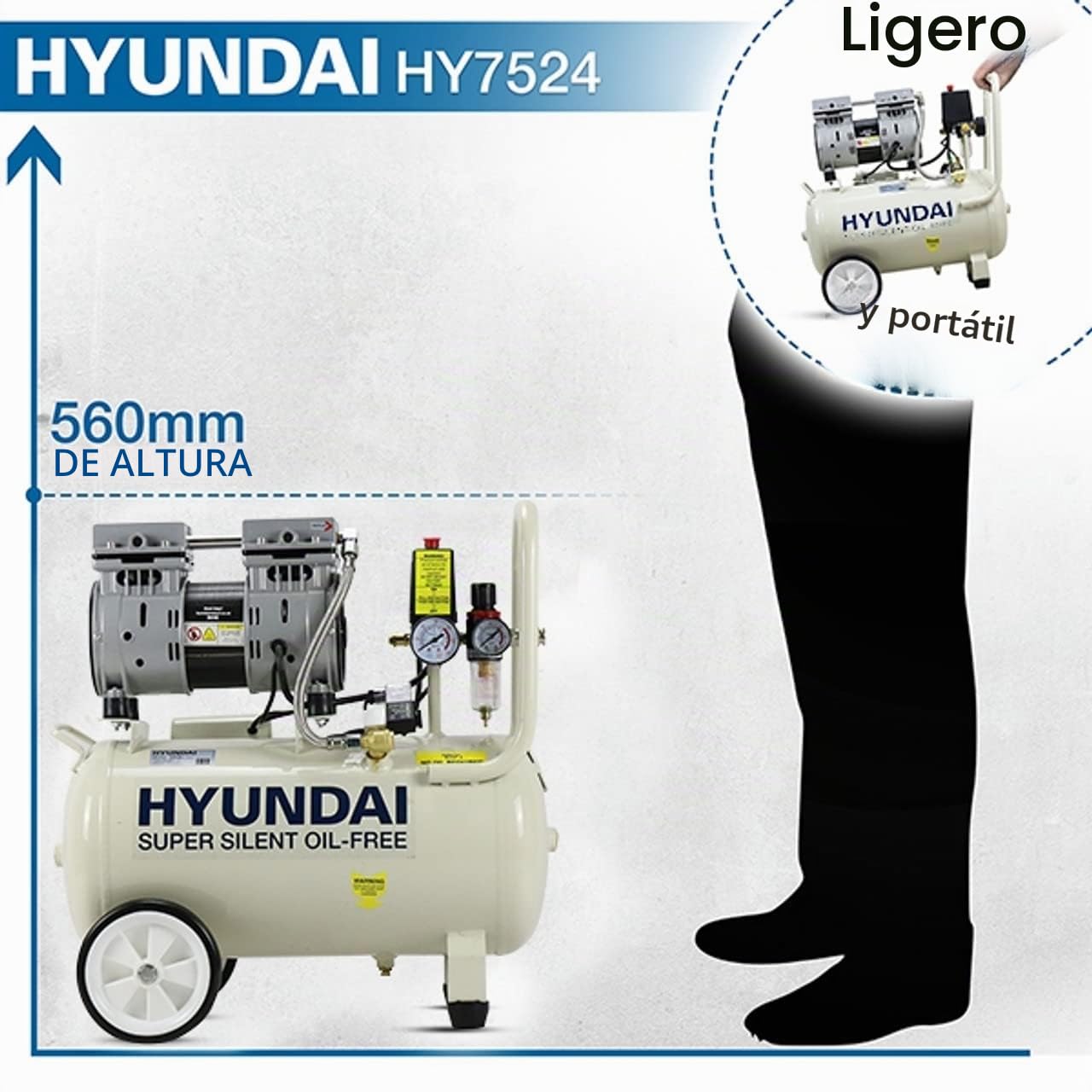 Hyundai Compresor de aire de 24 litros, 5,2 cfm/100 psi, silencioso, sin aceite, 750 W/230 V, 150 litros por minuto, 2 años de garantía