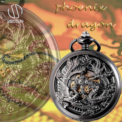 Image of SIBOSUN Mechanical Pocket Watches Mens Lucky Phoenix and Dragon Skeleton Pocket Watch Black Antique Roman Numerals Box