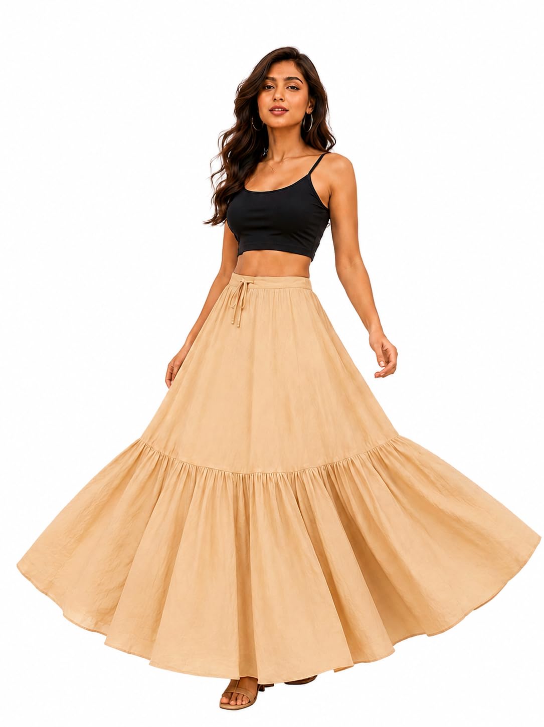 Women's Cotton Cancan Skirt | Full Flare Layered Maxi Skirt | Free Size | Lightweight & Comfortable (Beige Colour)-picture-25