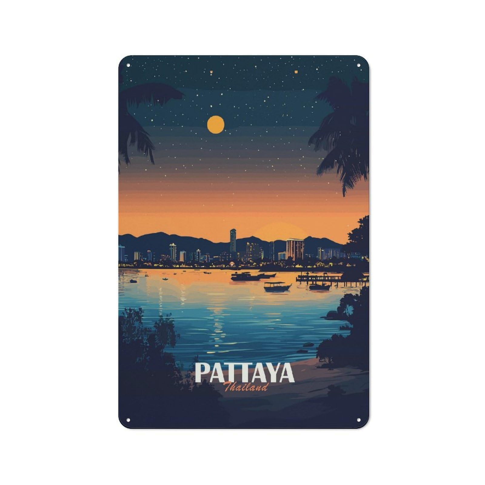 Junmoney Pattaya Thailand Cityscape At Night Retro Tin Wall Plaque 30X20cm For Home Office Or Studio, Wall Decoration For Home Offices And Studios