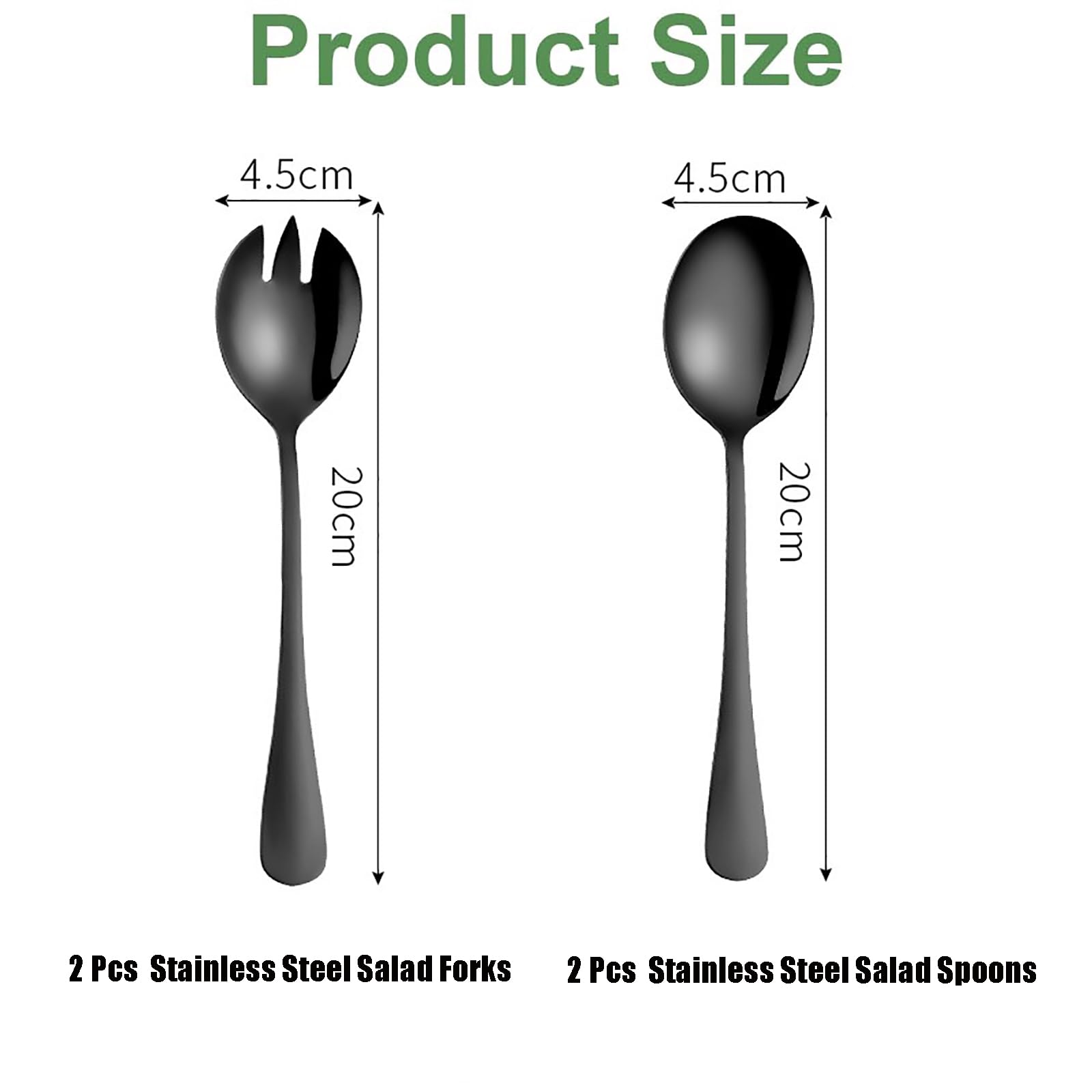 Set of 4 Salad Servers,Noir Couverts à Salade Salad Spoon and Salad Fork, Salad Servers, Stainless Steel Salad Servers, Stainless Steel Salad Servers, Suitable for Kitchen, Dining Room, Party - 3