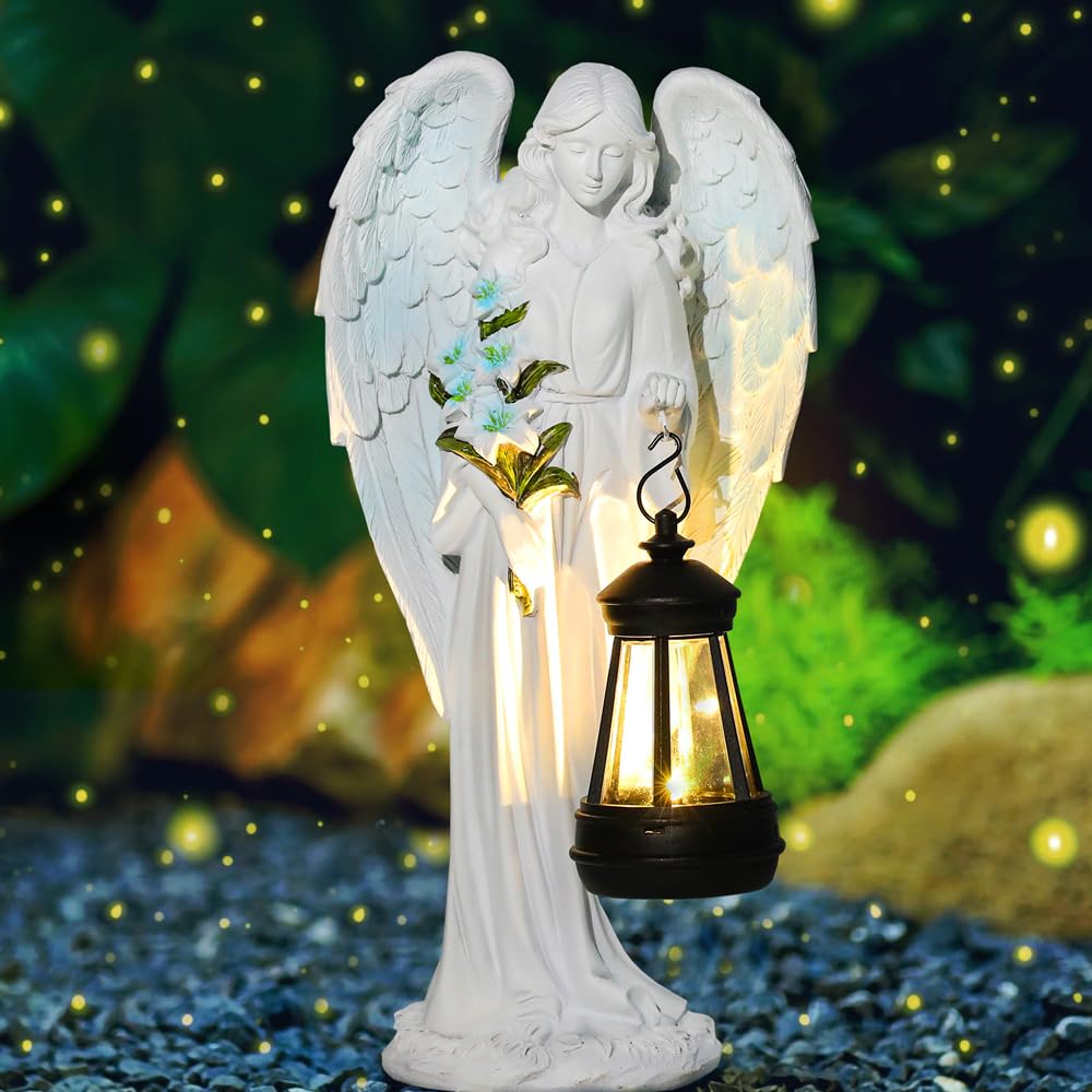 Statue da giardino a forma di angelo custode con lanterna solare a LED, decorazione per esterni, resistente alle intemperie, per cimitero, scultura d'angelo, giardino, terrazza, davanzale, 33