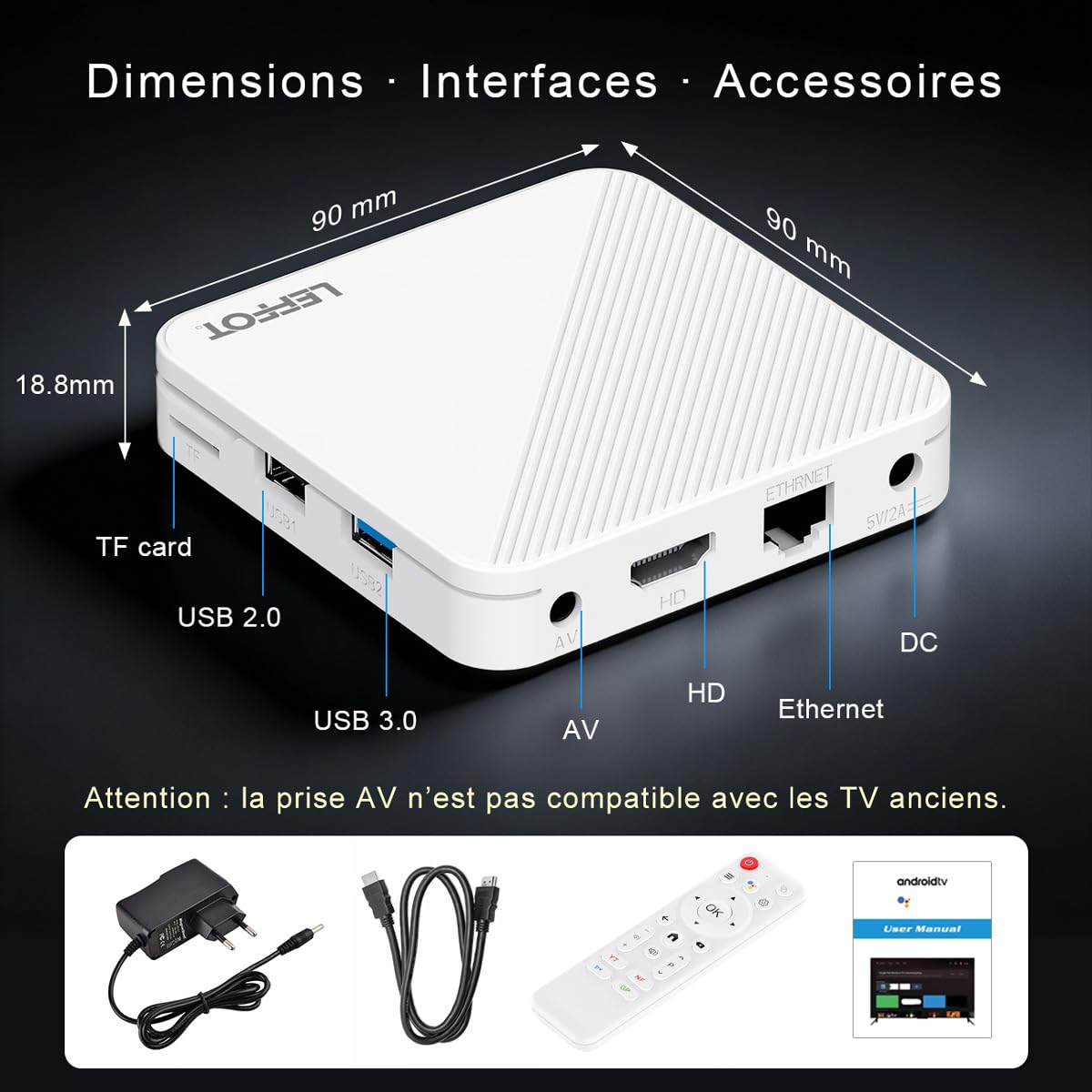 Android 14.0 TV Box 2026, 2Go RAM + 16Go ROM, LEFFOT H313 4K Ultra HD Boitier IP-TV pour Streaming, Support 2.4/5G WiFi 6, 100M Ethernet, Contrôle Vocal, BT 5.4, USB 3.0, HDR10, RK3518 Quad-Core A53