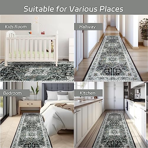 Madane Washable Kitchen Runner Rug 2x6, Ultra-Thin Non-Slip Hallway Runner, Stain Resistant Vintage Entryway Carpet Runner, Pet Friendly Low Pile Runners, Grey Green/Black Olive