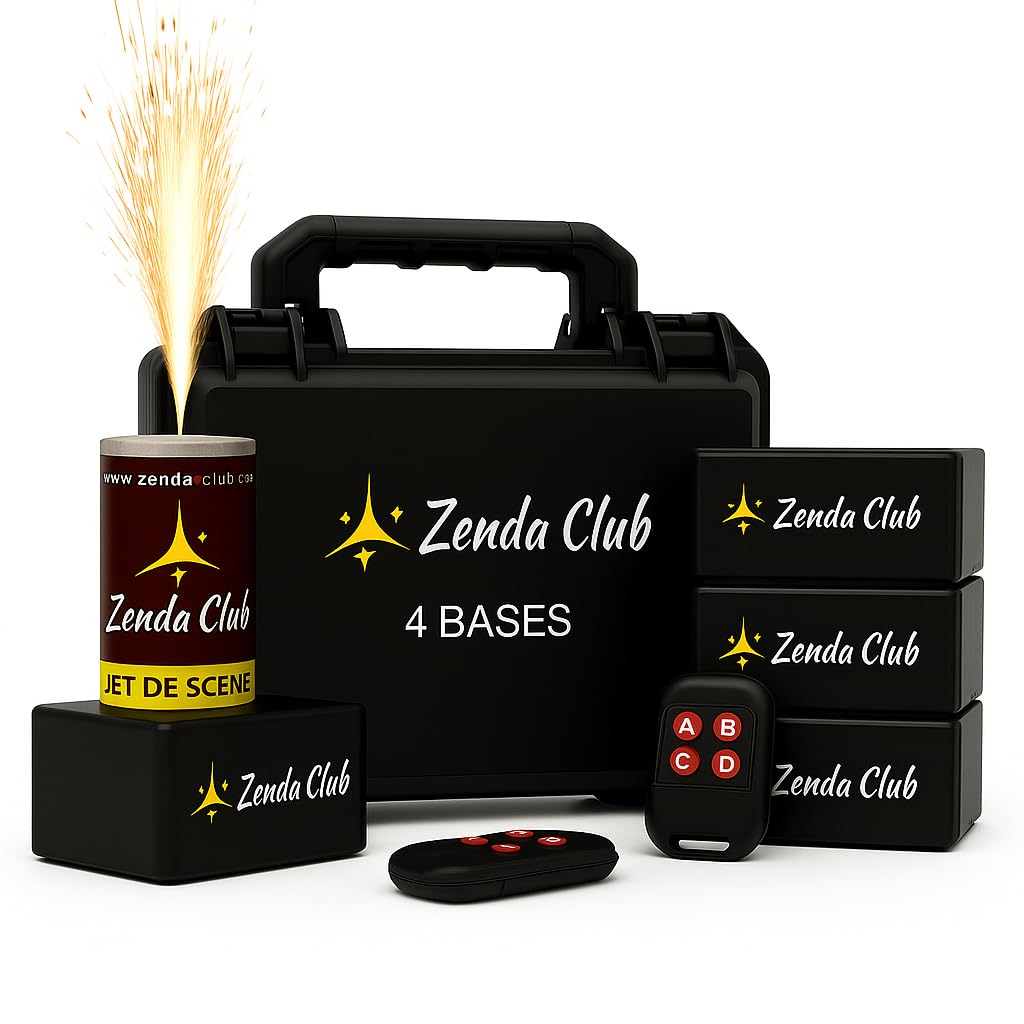 Zenda Club® Pack de 4 Déclencheurs + 5 Jets de Scène Argentés 3 Mètres 30 Secondes – Allumage à Distance avec Télécommandes – Pour Mariages, Fêtes et Événements – Catégorie F1
