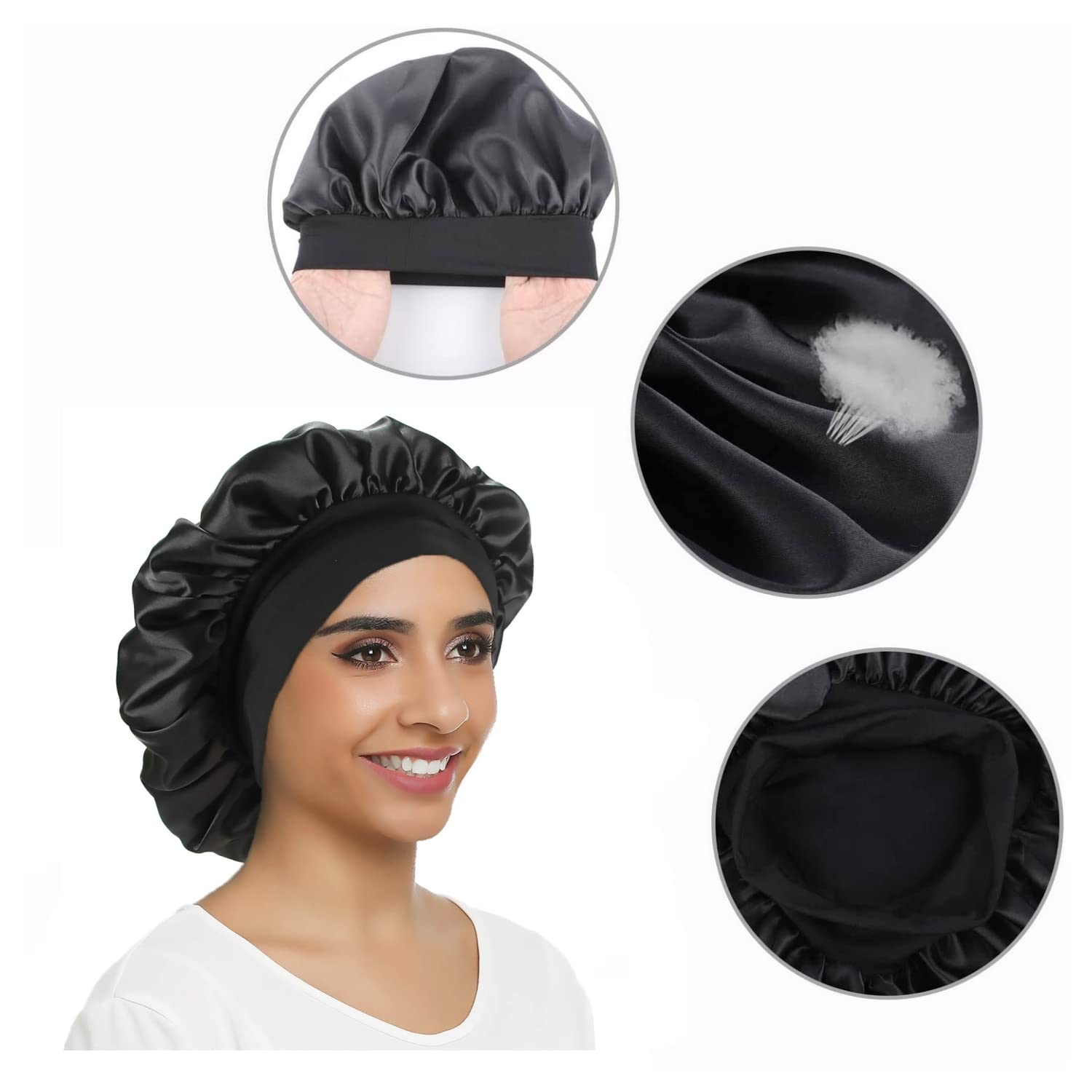 JZK 2 x Wide Band Satin Bonnet Sleep Cap, Night Sleeping Cap Silk Hair Bonnet for Girls and Women Black and Brown - Image 4