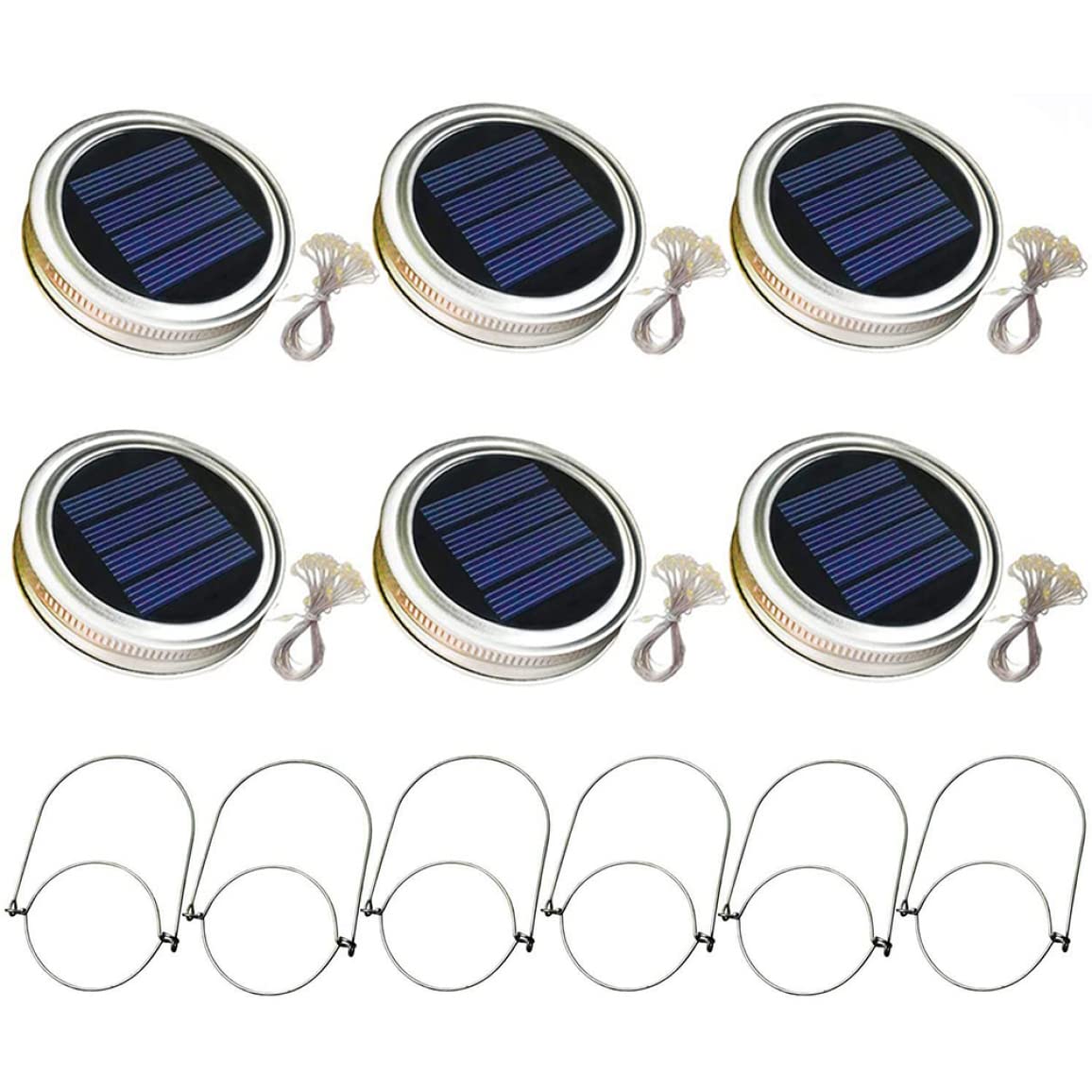 Naisicatar 6PCS Solar Mason Jar Lid Light 20 LEDs Hanging Lantern Lamp 2m String Lights Handle Firefly Jar Lids Lights for Patio Garden Decor(White Light)