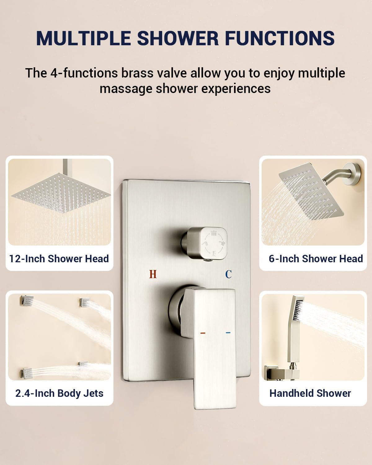 Dual Rainfall Shower Head System with 4 Body Jets, JetsBath Shower Faucet Set Double Shower Head 6-Inch Shower Head & 12” Rain Shower, Luxury Brushed Nickel Shower Faucet Set Tandem Shower Head System