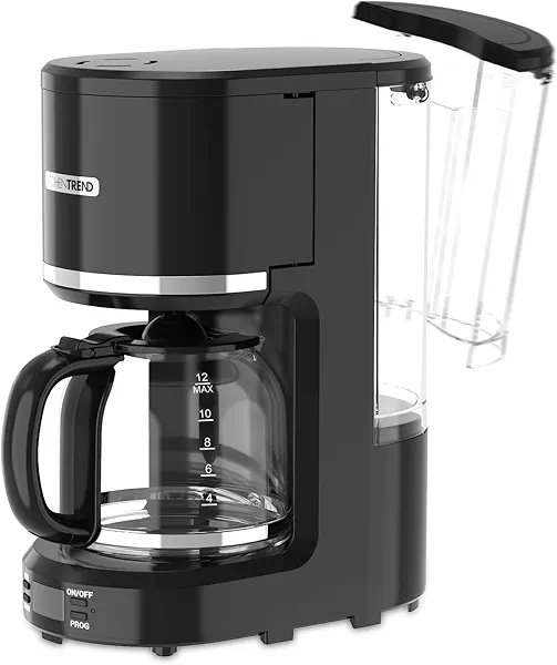 KITCHENTREND 12-Cup Programmable Coffee Maker with Permanent Filter, Removable Water Reservoir Coffee Machine, Drip Coffee Maker, Delay Brew, Timer & Keep Warm, Swing Open Brew Basket, Black
