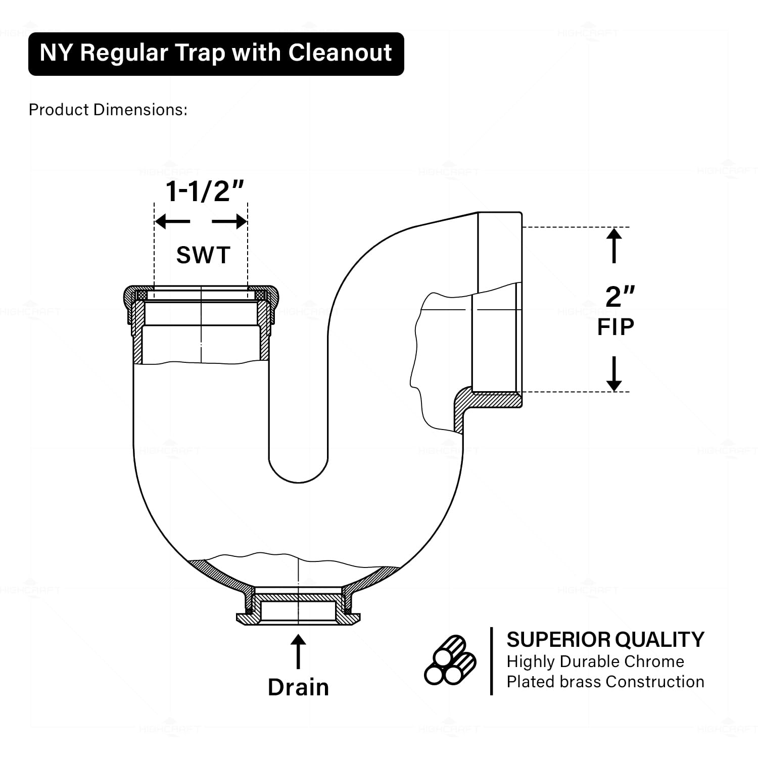 Highcraft 4334 NY - Tapón de trampa regular para aplicaciones de drenaje tubular, 2 pulgadas x 1-1/2, latón rugoso