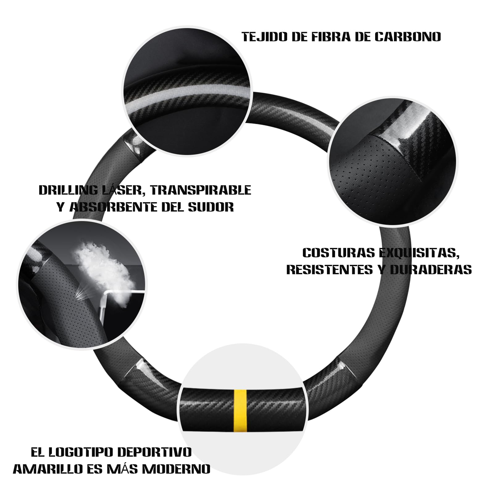 Ergocar Funda Volante De Coche Antideslizante Volante D Fibra de Carbono & Cuero PU para Diámetro 38cm (15 ")