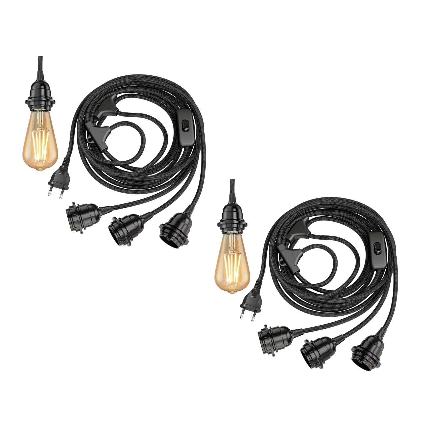 ledscom.de 2 cavi tessili LEKA, spina, interruttore, nero, 8 m, portalampada, 3x E27 max. 60 W