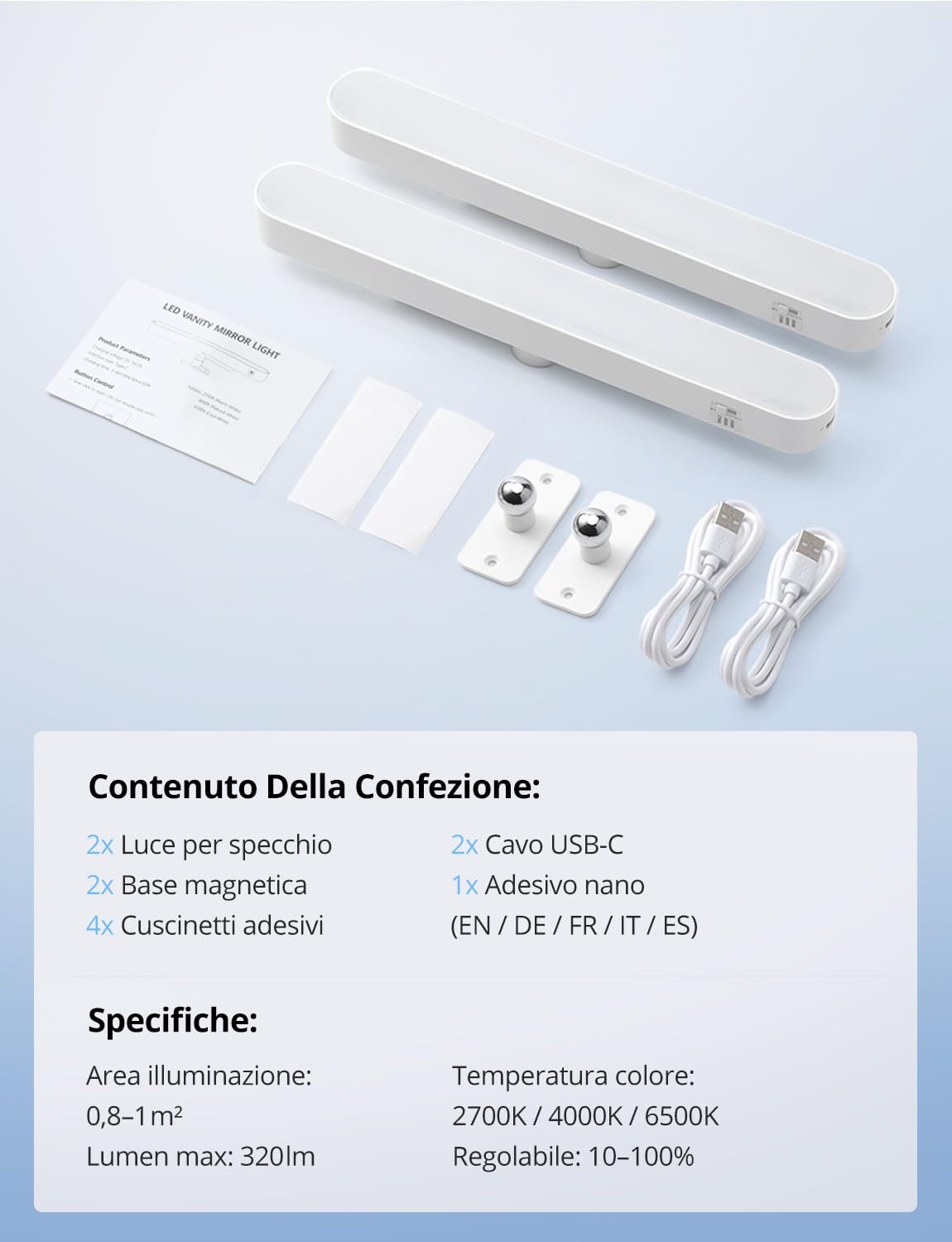 Combuh Luci per Specchio da Trucco 10W Luce Specchio Bagno LED Batteria Senza Fili, Autonomia 14 Giorni 4000mAh Luce Magnetica Ricaricabile per Make Up 3 Temperature di Colore Regolabili 2pz