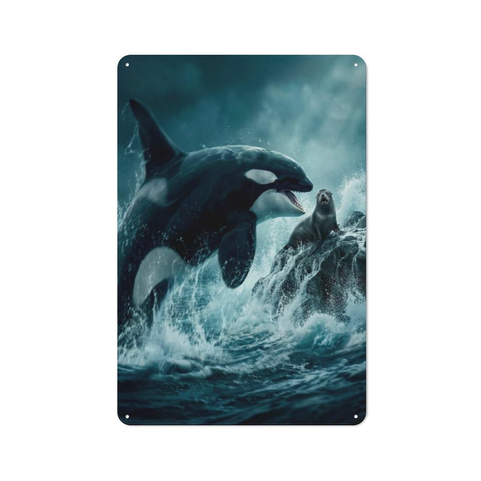 Junmoney Style-6 Vintage Orca And Seal In Ocean Metal Wall Sign 30X20cm, Shed Wall Plaque For Garage, Workshop, Shed Or Utility Room