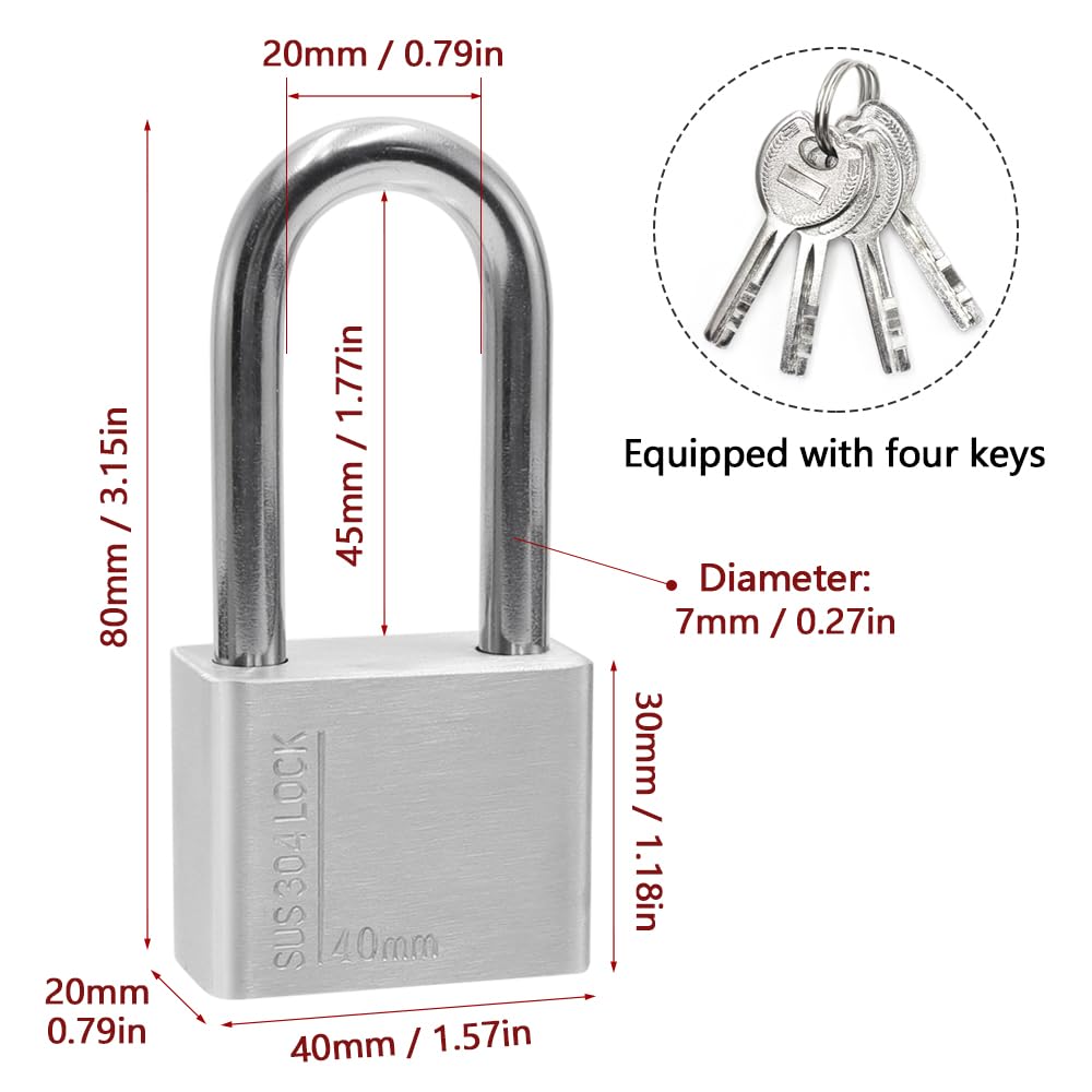 Grillete Alto Candado de Acero Inoxidable 304 con 4 Llaves, Protección Impermeable y de Alta Seguridad para uso en Exteriores, 40 mm