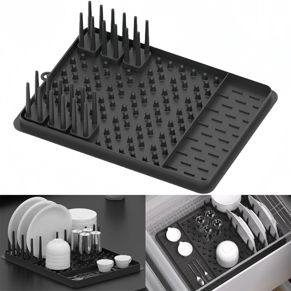 Égouttoir à vaisselle avec tapis de séchage en silicone, égouttoir compact en acier inoxydable, design de comptoir peu encombrant pour un séchage et une organisation efficaces de la vaisselle