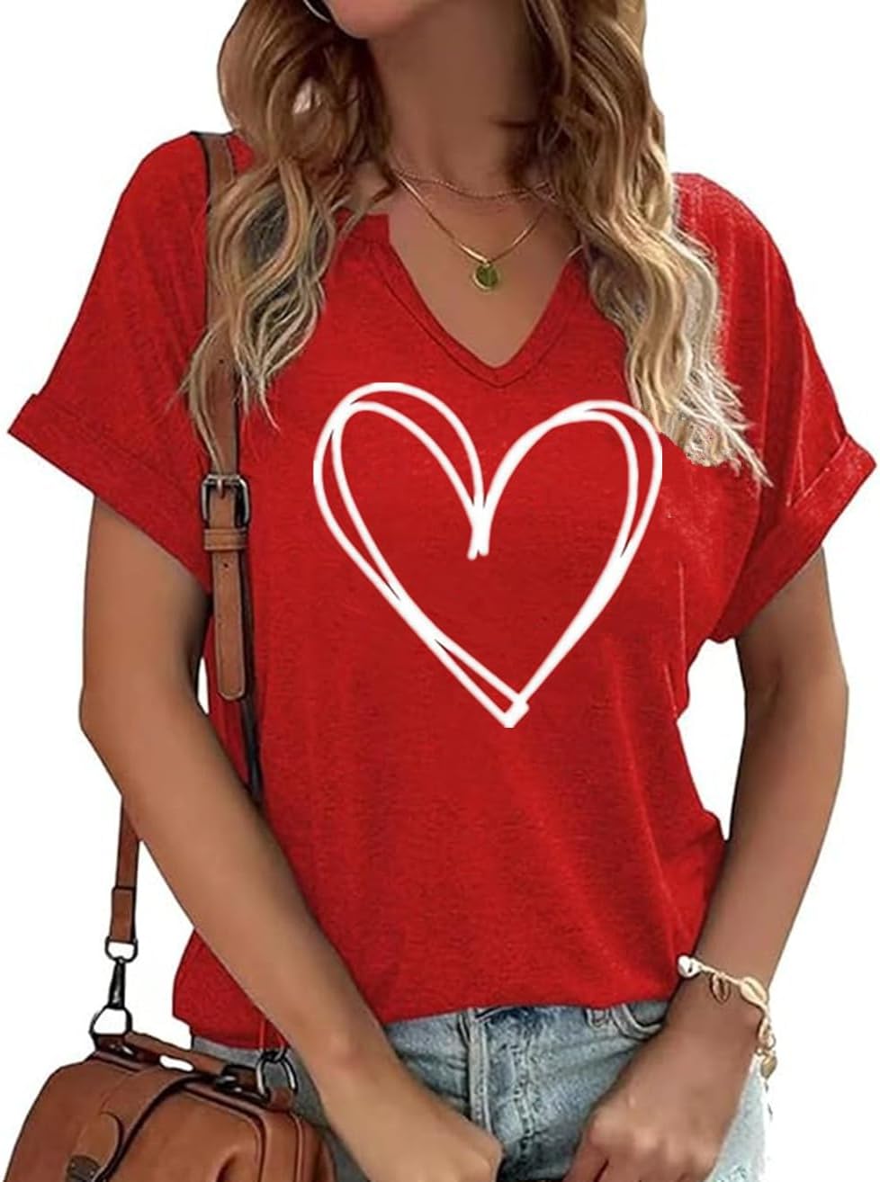 Valentine’s Day V Neck T-Shirts Womens Cute Love Heart Valentines Shirts Grarphic Tee Top
