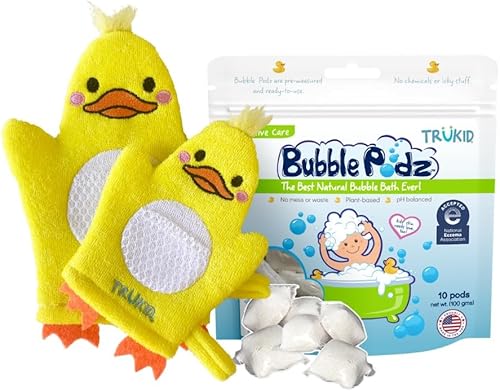 TruKid Paquete Bubble Podz & BubbleGlove - Incluye cápsulas de baño de burbujas sin perfume de 10 unidades y 2 juegos de guantes de baño para padres