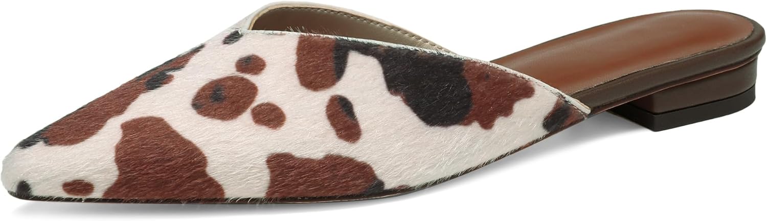 Cow Print Mules for Women Suede Pointed Toe Slip On Flats Comfortable Calf Hair Cow Hide Casual Stylish Shoes