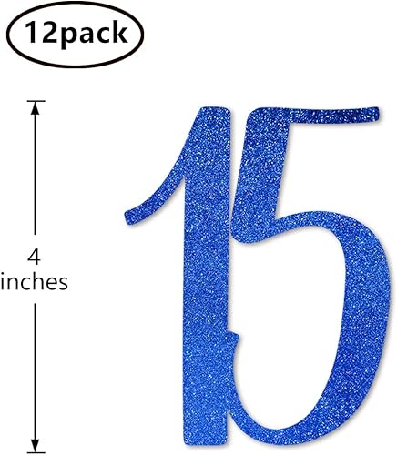 Miniatura 2 de Palitos de centro de mesa de cumpleaños número 15 con purpurina azul, paquete de 12 decoraciones de fiesta de aniversario número 15