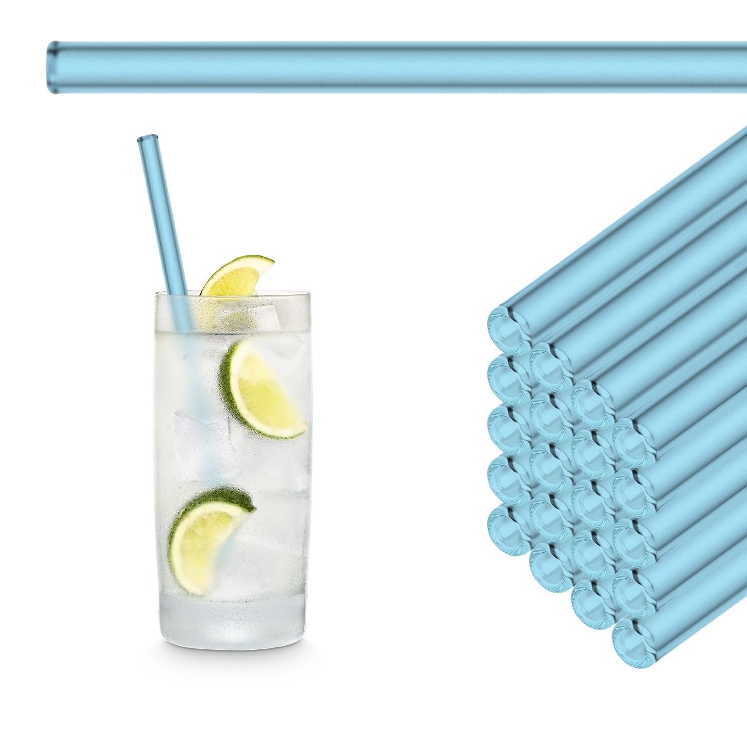 HALM Neon Blaue Glas-Strohhalme Wiederverwendbar Trinkhalm - 50 Stück gerade 20 cm für Gastronomie, Restaurant, Bar, Cafe, Hotel - Spülmaschinenfest - Glastrinkhalme