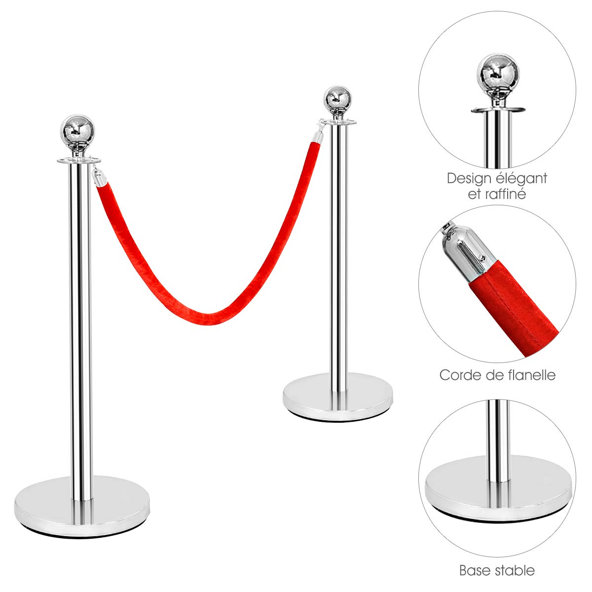 GOPLUS Poteaux de Guidage en Acier Inoxydable 32cm, Barrière de Passage avec Corde Rouge