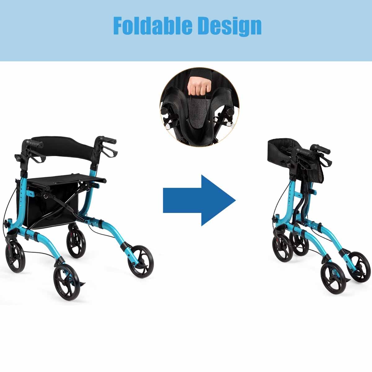 Homasis 2 en 1 Andador de Aluminio con Asiento, Andador Plegable con Bolsa de Almacenamiento y Empuñadura Regulable, para Ancianos y Adultos, Hasta 136 kg (Azul)