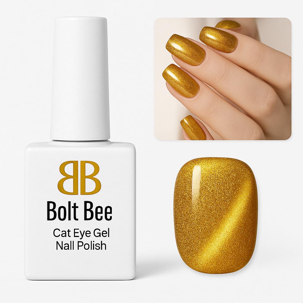 Bolt Bee Professional Cat Eye Gel Nail Polish Magnetic Cat Eye Effect, Soak Off UV & LED Gel, Long-Lasting Glitter Nail Polish for Salon & Home Use (Gold, 9ml)