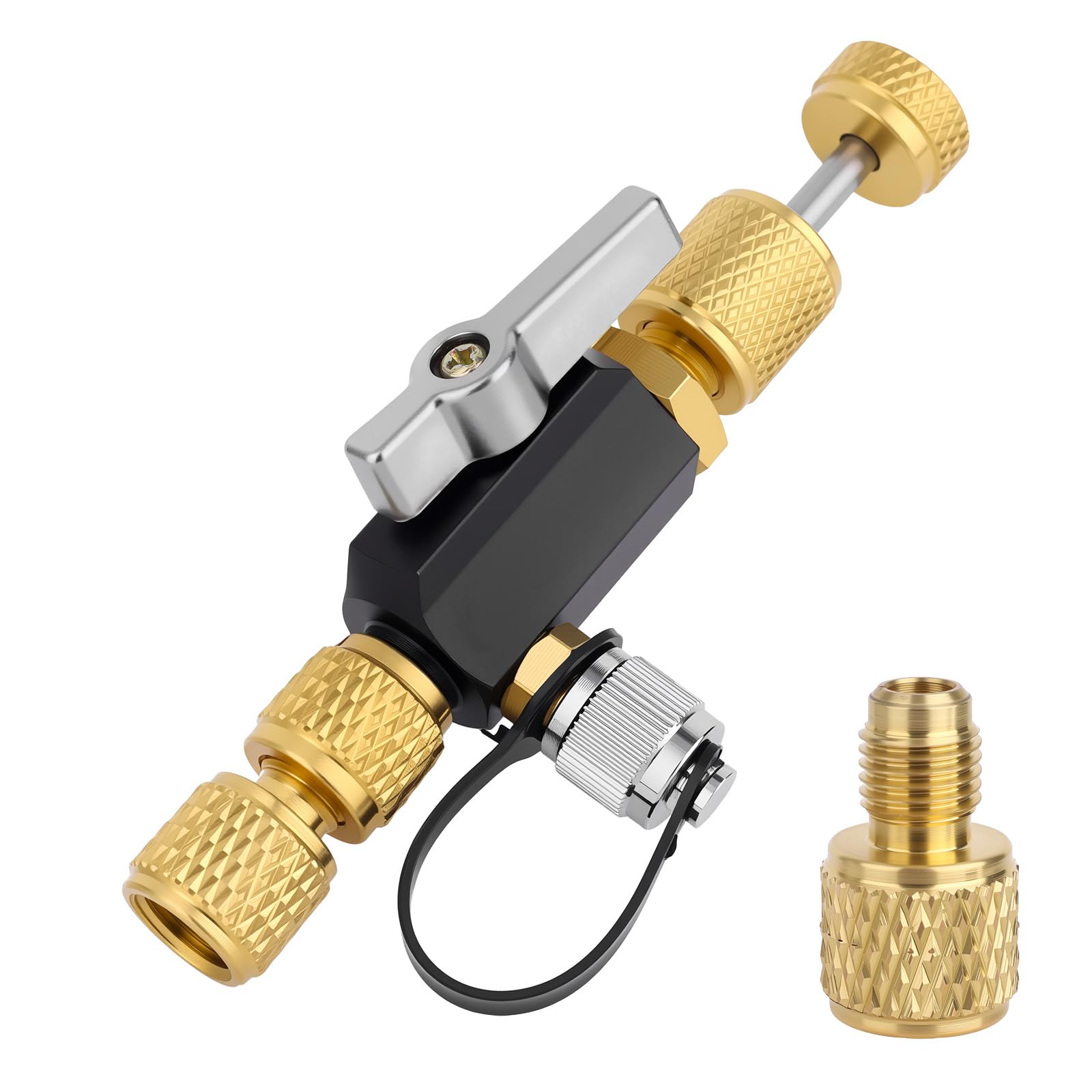 Herramienta de Extracción Núcleos Válvulas HVAC, Puerto Doble 1/4" y 5/16" Latón Premium para R410A R32 Sistemas Aire Acondicionado con Base Magnética y Vacío 20 Micrones