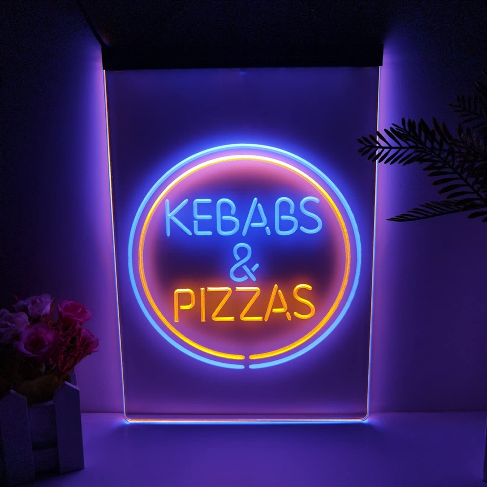 REWIS Letrero de neón LED para Kebabs y Pizzas, Luces de neón grabadas en 3D de Doble Color USB Personalizadas, para pizzería, Parrilla, Restaurante, Colgante Decorativo Regulable,Blue Orange,40x30cm