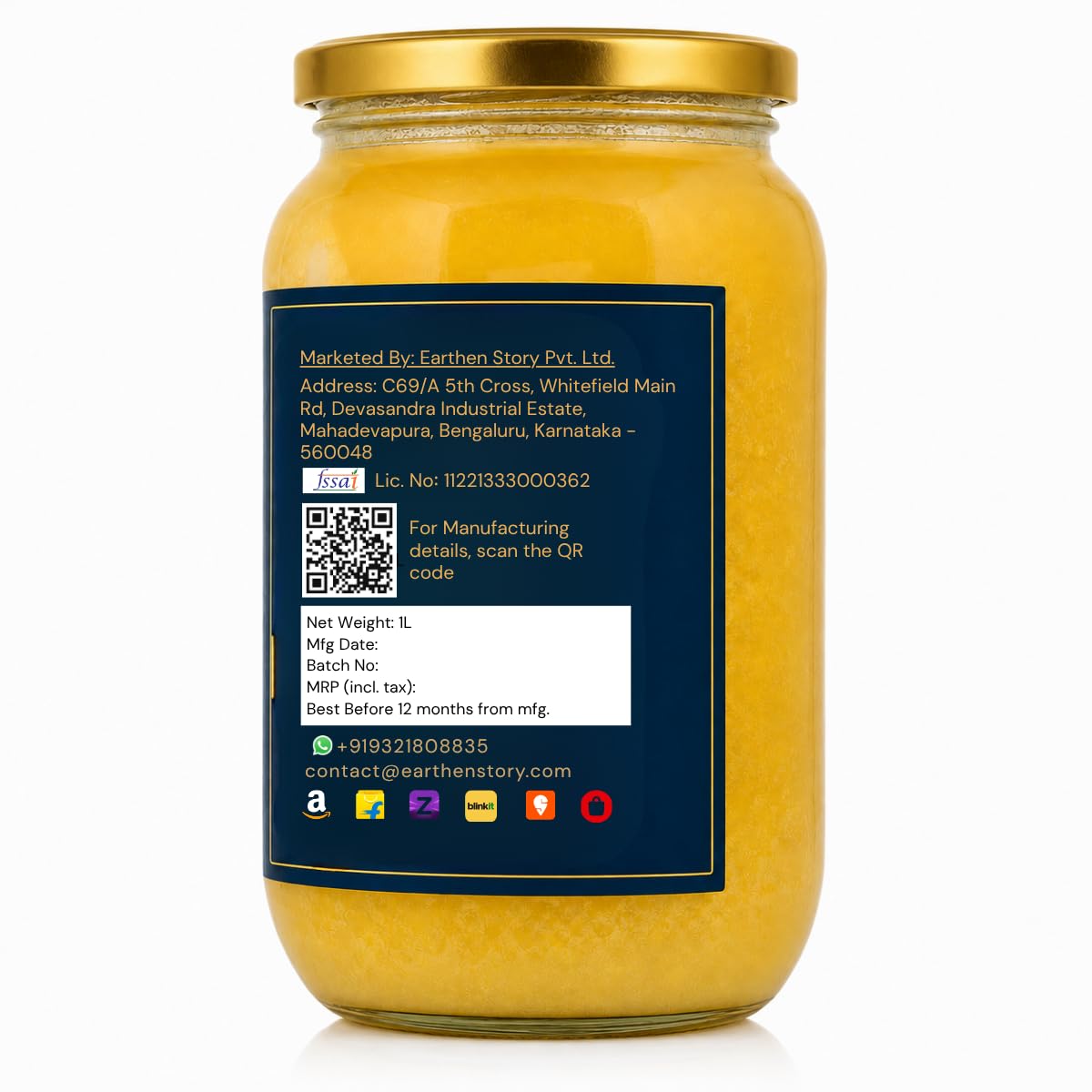 Earthen Story Ghee A2 de Gir Cow 1L | Probado en laboratorio para más de 250 pesticidas | Método tradicional Bilona de cuajada | Ghee de vaca védico puro A2 en tarro de vidrio