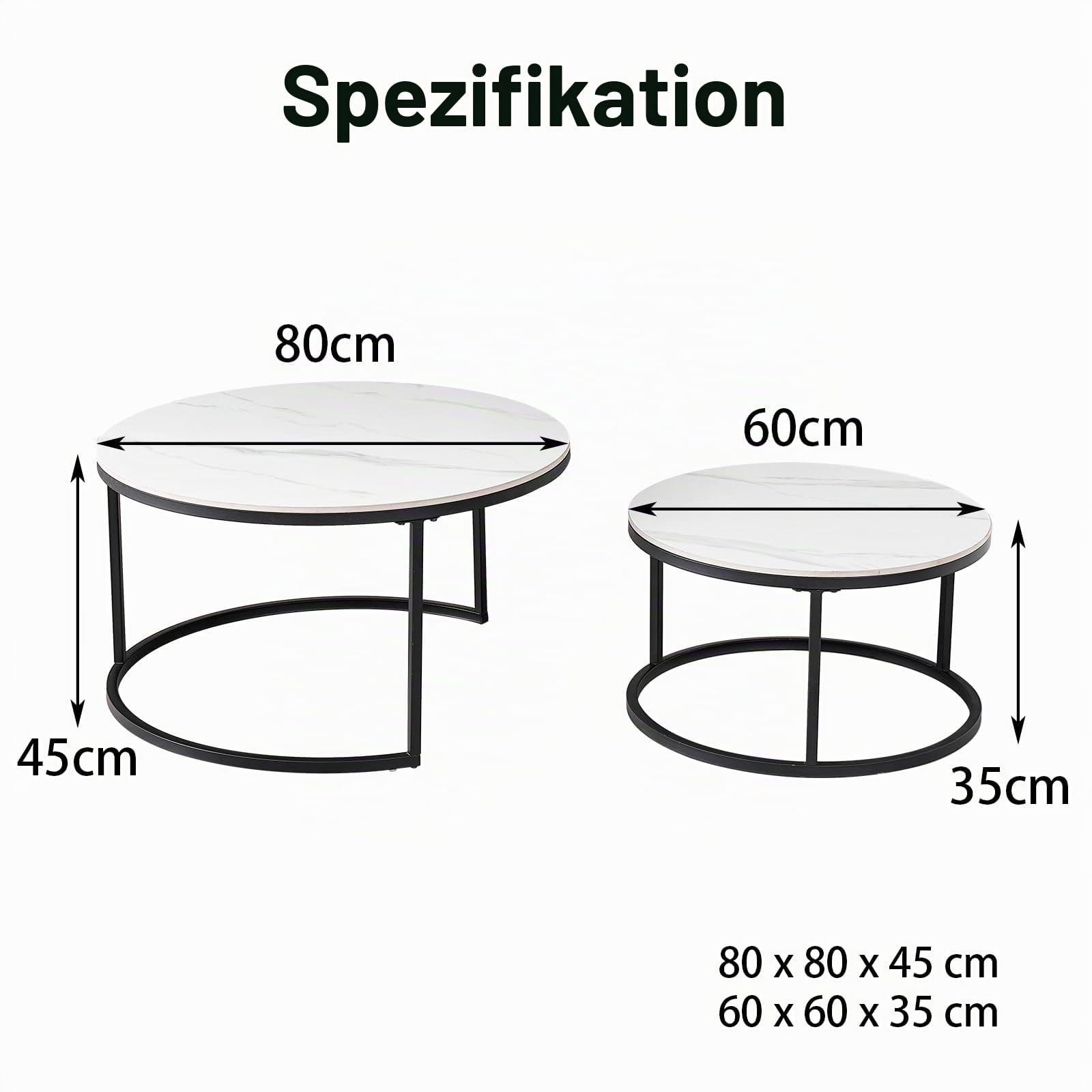 2er-Set Marmor-Couchtische mit Weißer Marmorplatte und Schwarzem Metallgestell, Moderner Runder Beistelltisch fürs Wohnzimmer – 80 x 80 x 45 cm