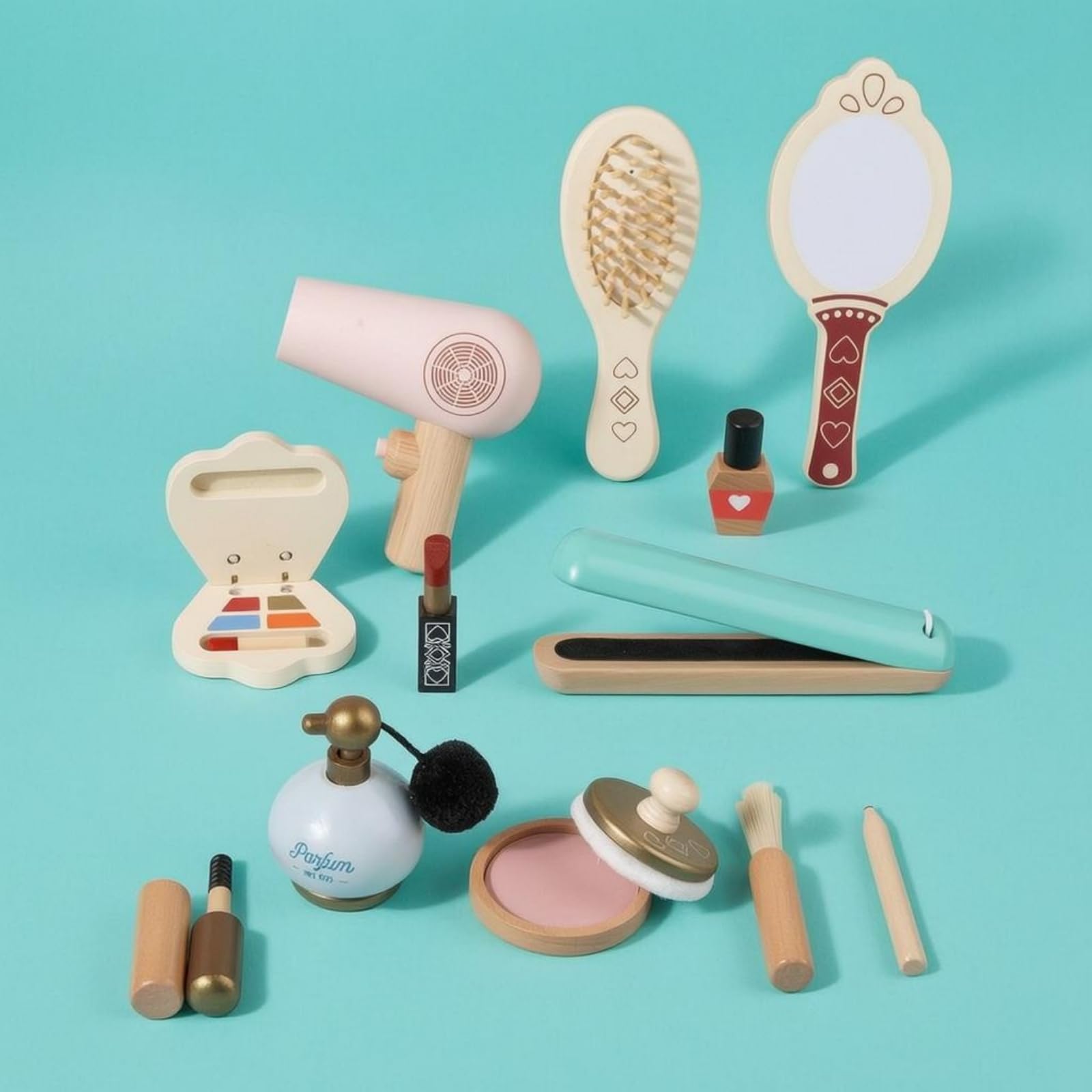 Giocattolo in Tessuto Set Trucco Bambini Kit Cosmetici Finti Phon Specchio Spazzola Pettine Rossetto Materiale in Legno Adatto per Gioco di Ruolo