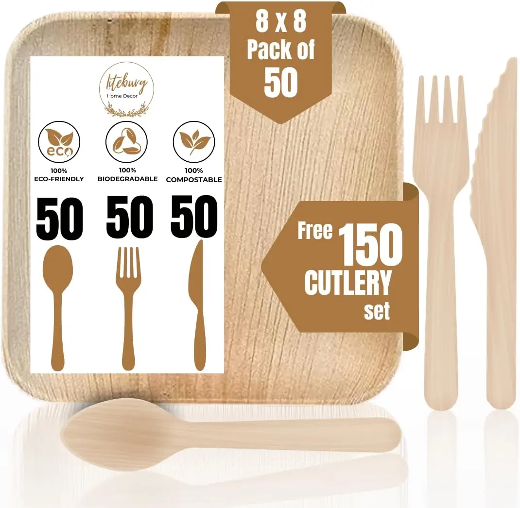 Liteburg Palm Leaf Plates 8 inch, 50 Bamboo Plates Disposable 100% Compostable Plates with 75pcs Cutlery Set | Strong, Biodegradable Square Wood Plates for Party, Weddings, Events