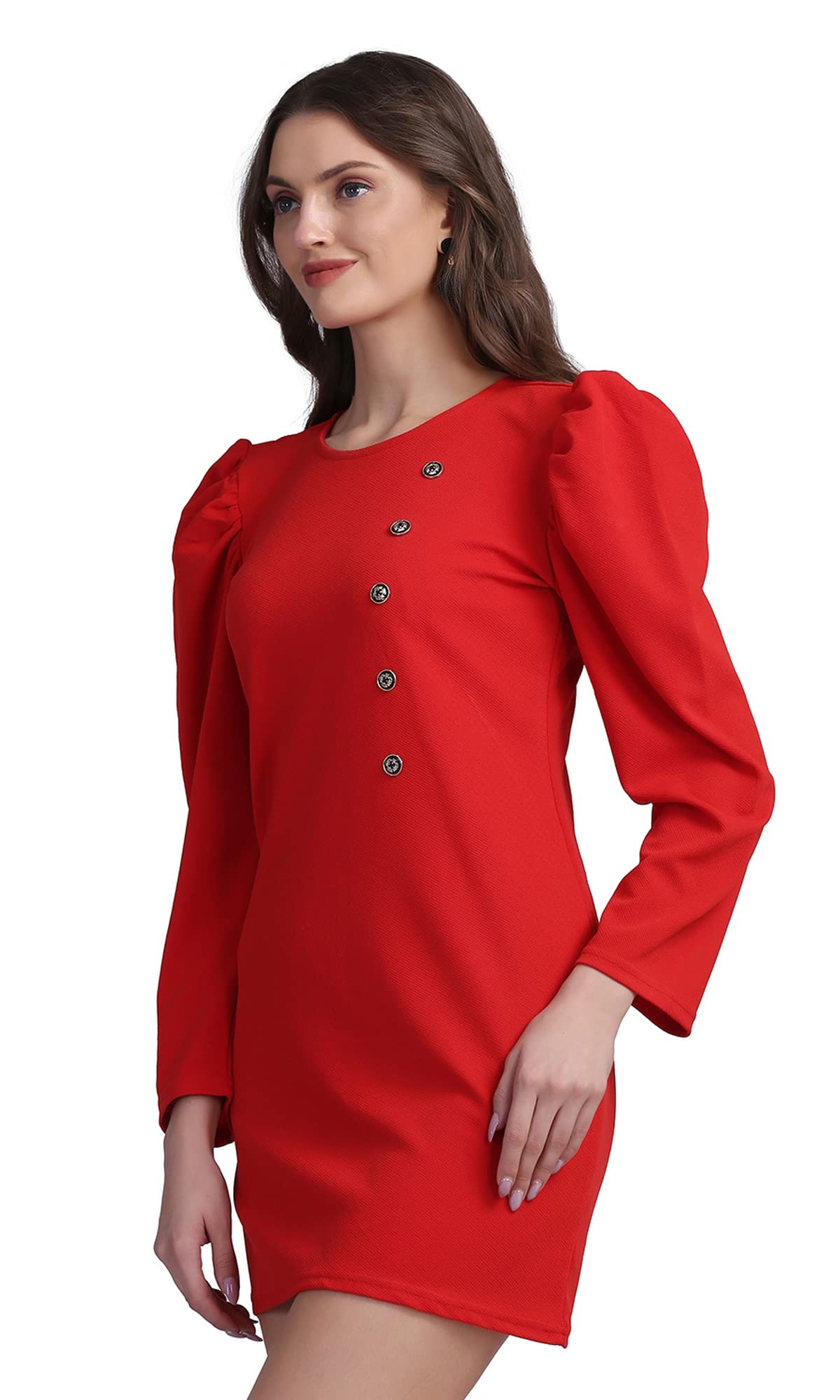 Shasmi Women's Comfortable Red Round Neck Full Sleeve Solid Midi Bodycon Casual Western Stylish Dress For Womens/Midi Dress For Girls (Shree Midi 13 Red S)