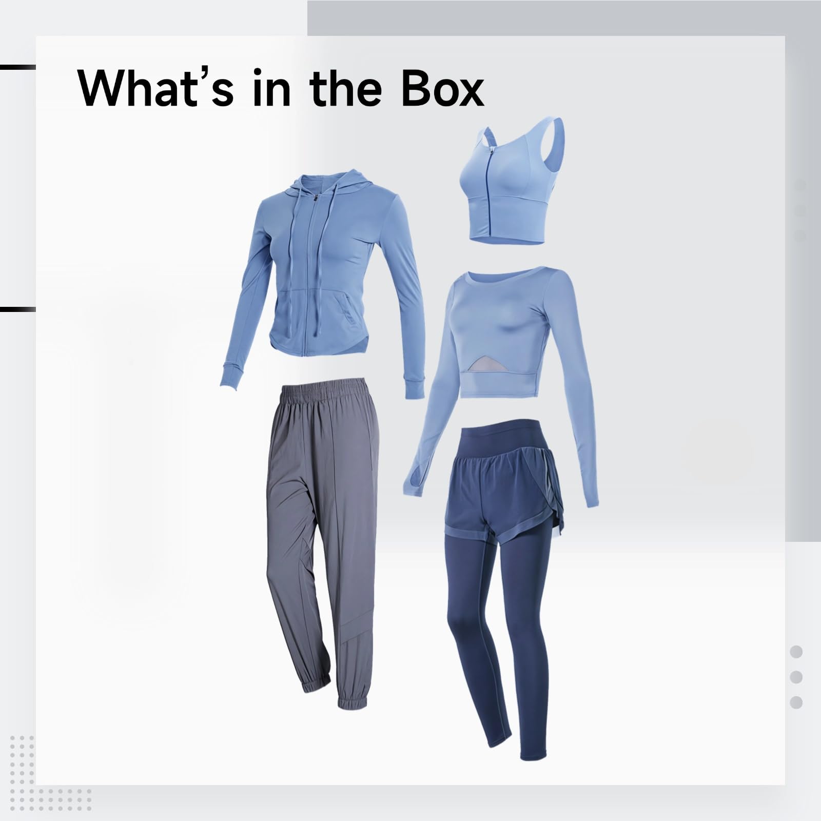 Yoga- & Fitness-Outfit-Set für Damen, atmungsaktiv, 5-teiliges Fitnessstudio-Set mit Jacke, langen Ärmeln und Shorts, dehnbares Nylon-Spandex, verschiedene Größen, Grau und Blau, Einheitsgröße