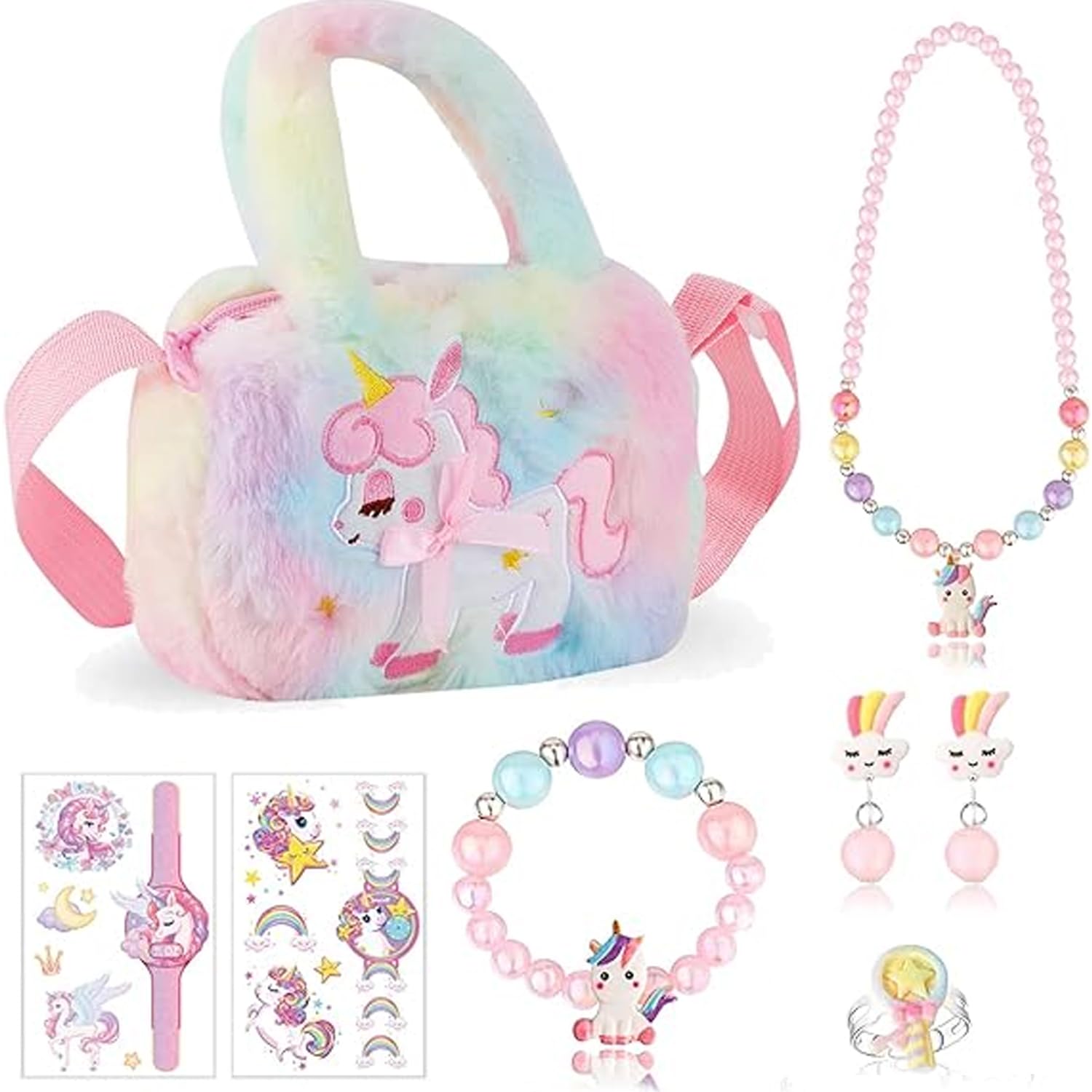 Unicorn Gifts for Girls: 8-Piece Crossbody Bag & Jewelry Set - Rainbow Plush Unicorn Princess Necklace, Bracelet, Rings, Earrings, Stickers & Handbag Accessories