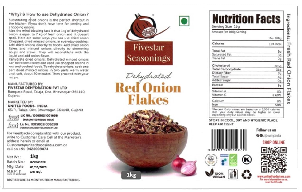 Fivestar Dehydrated Crispy Red Onion Flakes 1kg | Fried in Sunflower Oil | 100% Natural, Barista Style Biryani Onions | No Preservatives, Long Shelf Life | Perfect for Curries, Gravies & Noodles 2