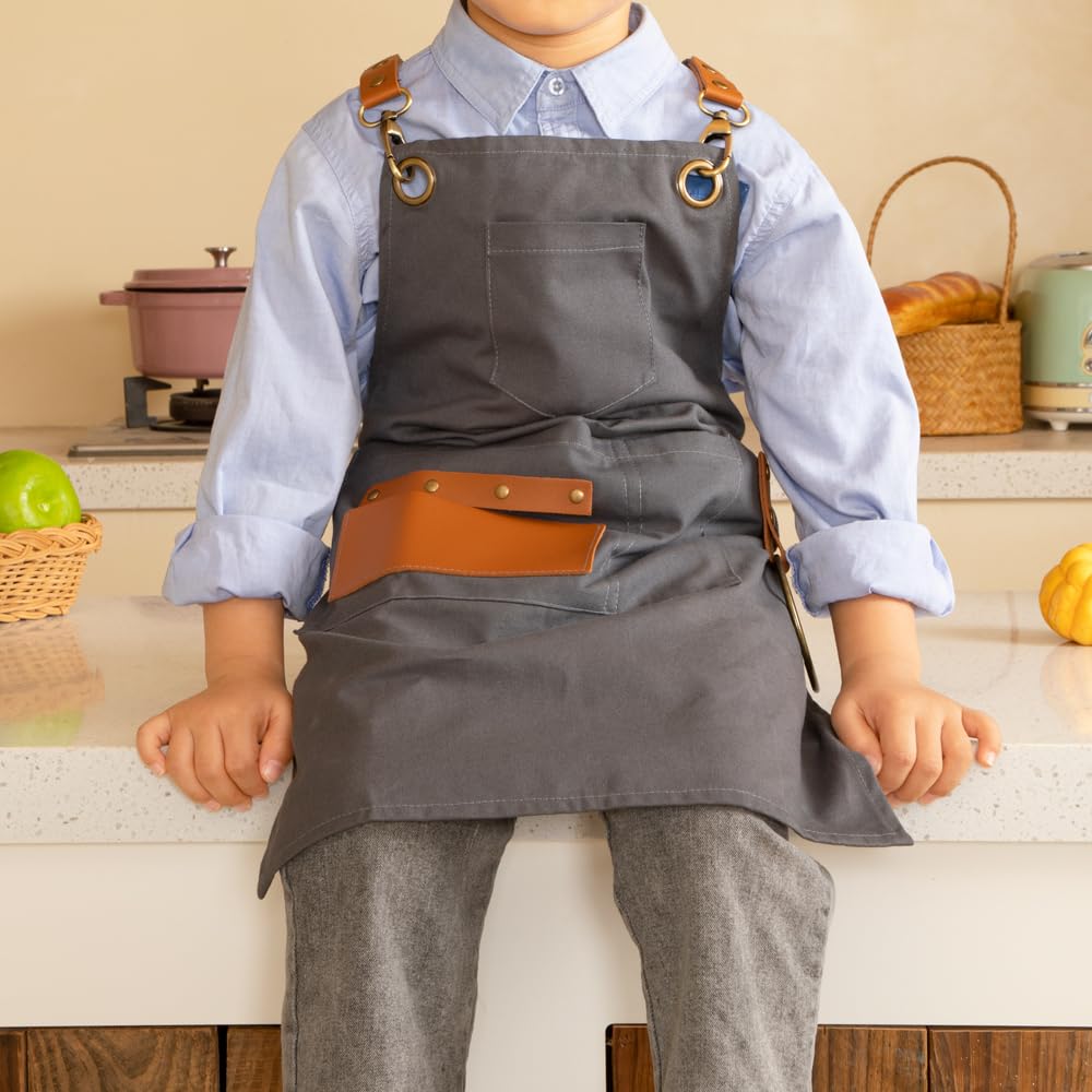 NEOVIVA Werkzeugschürze Lederschürze für Herren und Kinder, Tischlerschuerze, Arbeitsschürze, Schweißerschürze mit Taschen und Verstellbaren Gekreuzten Trägern, Strapazierfähiges Segeltuch
